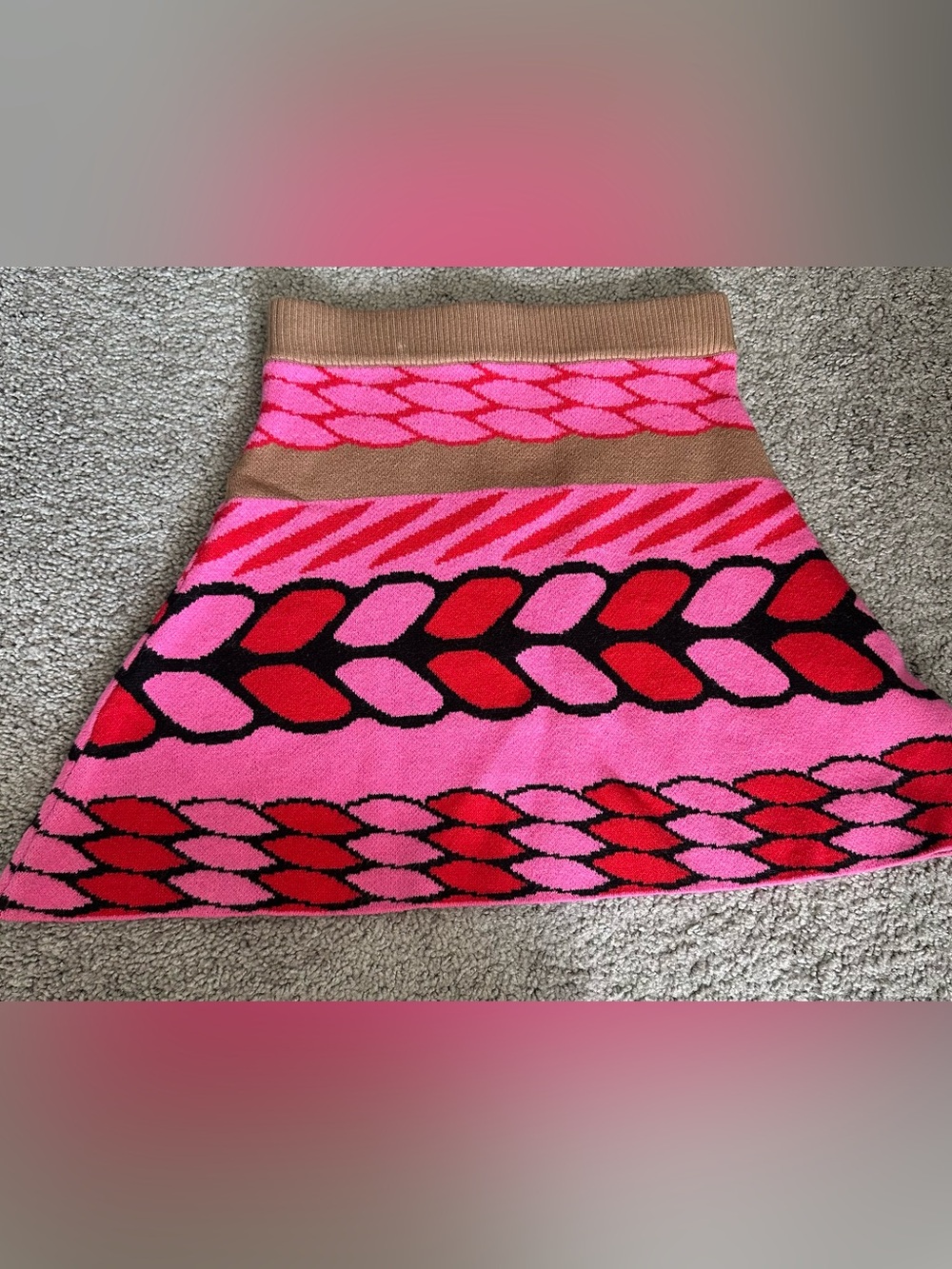Never Fully Dressed Pink, Red & Tan Patterned A-Line Knit Skirt